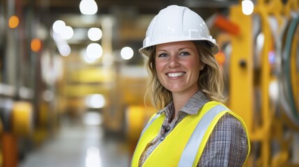 Smiling worker poses wearing hard hat and safety vest inside large factory or warehouse; occupational health and safety focus