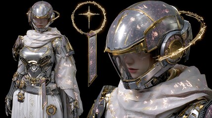 Futuristic Female Warrior in Elegant Sci-Fi Armor and Helmet