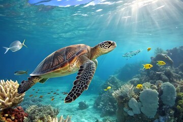 Obraz premium Sea turtle swims under water on the background of coral reefs