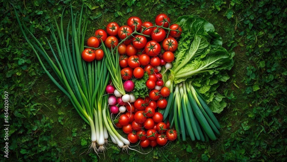 Aufkleber a vibrant assortment of fresh vegetables arranged in the shape of a heart on a grassy surface.