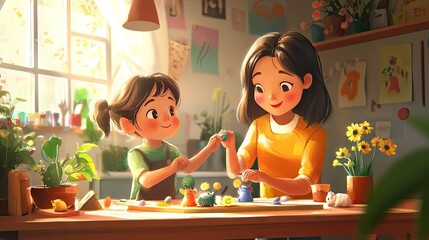 A heartwarming illustration of a mother and daughter engaging in arts and crafts.