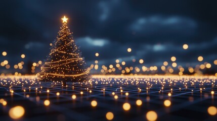 Festive lighted tree with a star against night backdrop with glowing bokeh orbs floating above a dark, gridded surface