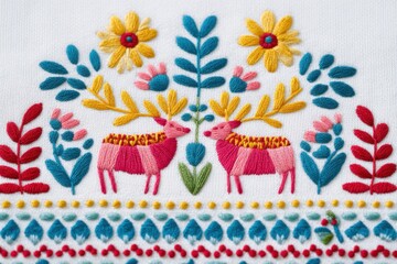 North American embroidery featuring vibrant floral patterns and stylized deer motifs, showcasing intricate stitching techniques and colorful thread arrangements in a decorative textile design
