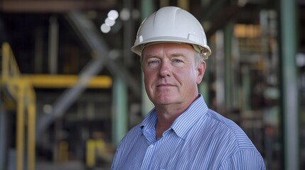 Man with hardhat inside industrial plant or factory wearing blue striped shirt looking at camera showing work safety concept