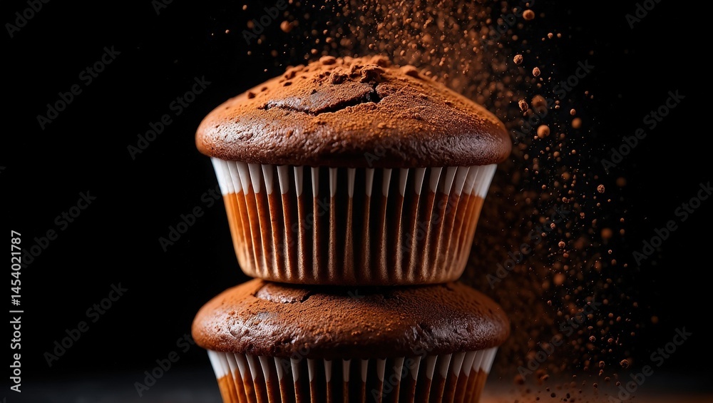 Poster two chocolate cupcakes with white frosting and sprinkles on top, surrounded by cocoa powder particle