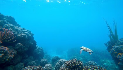 Fototapeta premium Majestic sea turtle gracefully swimming through a vibrant coral reef ecosystem
