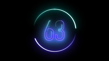 Animated neon countdown featuring number 63. Electric glowing number inside a circular outline for digital media and tech visuals. - Powered by Adobe