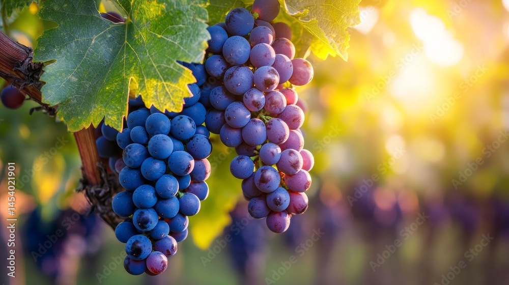 Poster clusters of ripe grapes dangle from green vines, illuminated by golden sunlight in a tranquil vineya