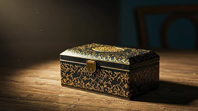 Vintage Jewelry Box - Ornate black and gold keepsake box on wooden table