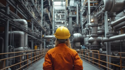 Fototapeta premium Female industrial worker stands inside large factory structure wearing orange safety suit and hardhat inspecting steel pipelines