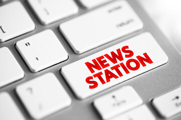 News Station - television or radio station which produces and broadcasts news, text concept button...