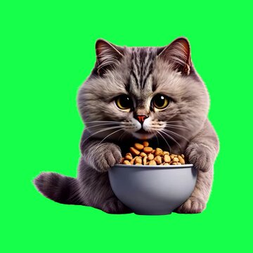 Adorable cat eating nuts animation, transparent 4K video, green screen