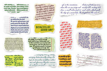 Naklejka premium Ripped paper strips with handwritten text. Realistic crumpled paper scraps with torn edges. Shreds of notebook, book or old newspaper pages. Trendy collage elements. Vector illustration
