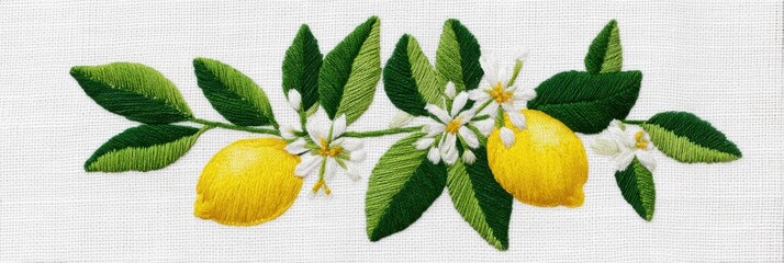 Embroidered design featuring vibrant yellow lemons and delicate white flowers surrounded by lush green leaves on a textured fabric background showcasing artistic craftsmanship