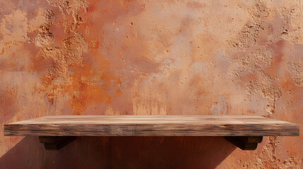 Empty brown wooden tabletop with a background of a textured terracotta wall, for product display montage.