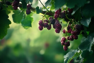 Macro Close Up View of Fresh Ripe Blackberries Hanging from Green Vine in Natural Forest Background