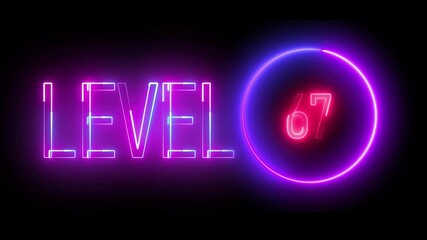 Bright neon level 67 enclosed in radiant circle. Futuristic signage style for arcade interfaces, stream overlays, and motion graphics. - Powered by Adobe