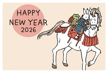 2026年　年賀状　鳥獣戯画　うさぎとカエルが甲冑を着けて馬に乗って遊ぶイラストレーション