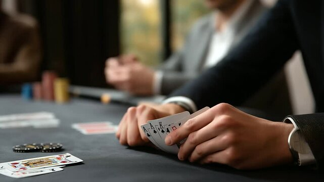 A poker player bluffing at an evening tournament with cards fanned
