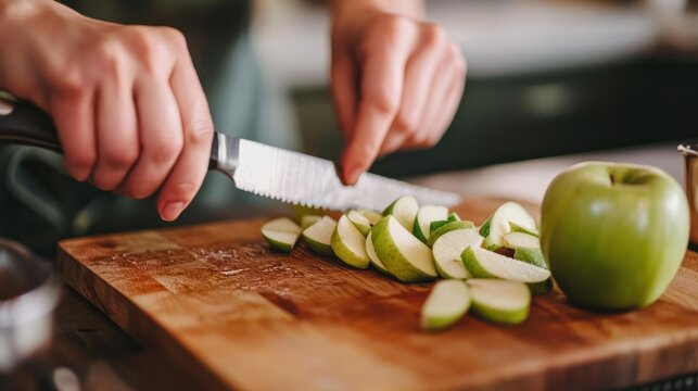 Green apple being sliced on a wooden cutting board