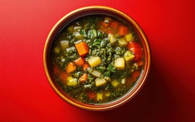 Top-down view of Pistou soup bowl on red background. 