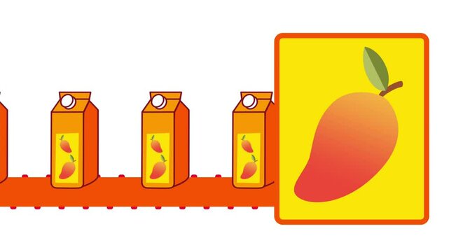Mango juice cartons align beside a bold fruit icon, creating a neat, playful branding composition.