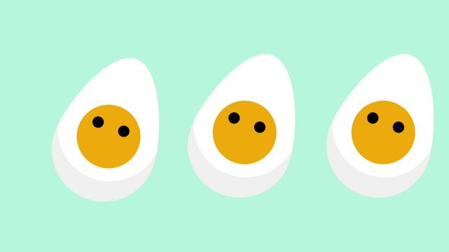 Three smiling eggs line up with friendly faces on a mint background, radiating joy and playful simplicity.