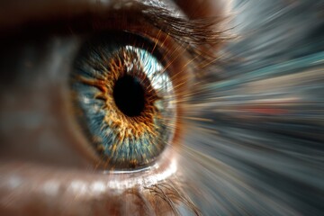 Detailed human eye close-up showing iris texture and light burst emanating outward with abstract motion blur for intense effect