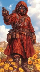 Fototapeta premium Hooded figure in red stands in a field of yellow flowers, pointing towards the viewer