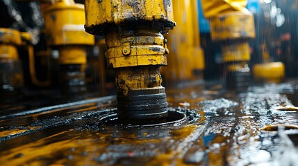 Close-up of industrial machinery with yellow components operating on a wet surface du daytime, showcasing mechanical equipment used in construction or manufactu