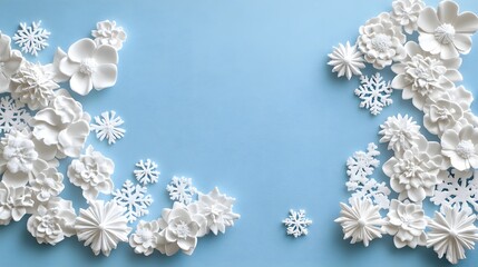 Beautiful white paper snowflakes and flowers arranged in a circular pattern on a soft blue background for winter, holiday, or festive decoration concept