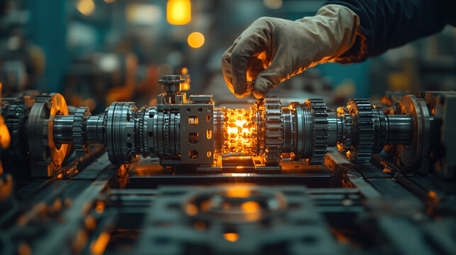 Gloved hand carefully installing intricate metal gears into a complex industrial machine, illuminated by warm light