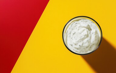 Top-down view of Balkan tzatziki yogurt sauce on yellow-red background.