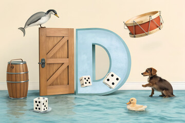 Surreal Scene with Letter D, Floating Objects, and Playful Animals – Creative Alphabet Art