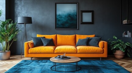 Vibrant orange couch in a modern dark interior design.