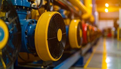 Obraz premium Industrial Facility's Powerful Cooling System Close up of Yellow and Blue Industrial Fans