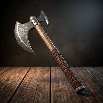Rustic double bladed axe with a wood handle rests on the worn wooden planks