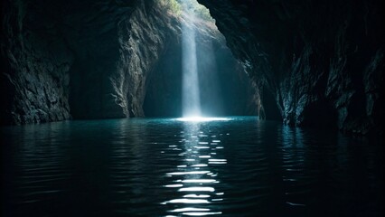 A stunning waterfall plunges into a hidden cave pool, illuminated by a dramatic shaft of light from above. Captures the mystery and beauty of a secret natural wonder.
