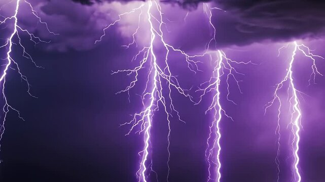 Purple Lightning Strikes Across Dark Night Sky