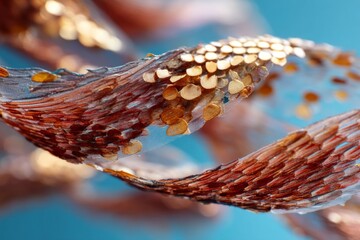 Obraz premium Abstract close-up of flowing, shimmering bronze ribbon with golden sequins over a blue background, suitable for luxury brands