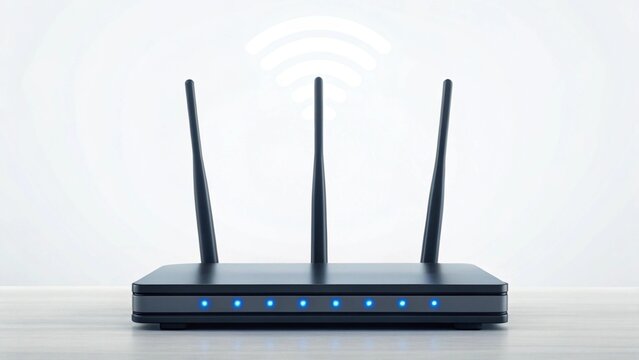 Featuring a minimalist shot of a black router emitting a wireless signal, conveying digital connection, home networking, and the importance of reliable internet access