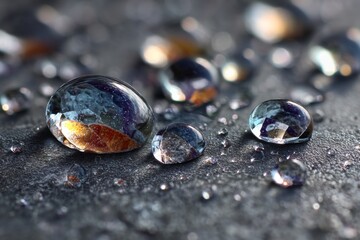 Detailed Close-up View of Water Droplets on Textured Dark Gray Surface Reflecting Light and Colors in a Serene Composition