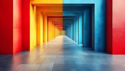 Colorful, vibrant architectural hallway perspective.