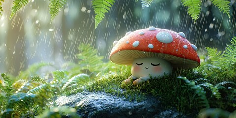 A cheerful mushroom character resting under a fern canopy, soft rain falling around her