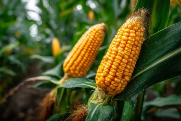 Ripe Corn Ears on Stalks in Field, Ready for Harvest, Close-Up View of Farm Grown Maize with Yellow Kernels