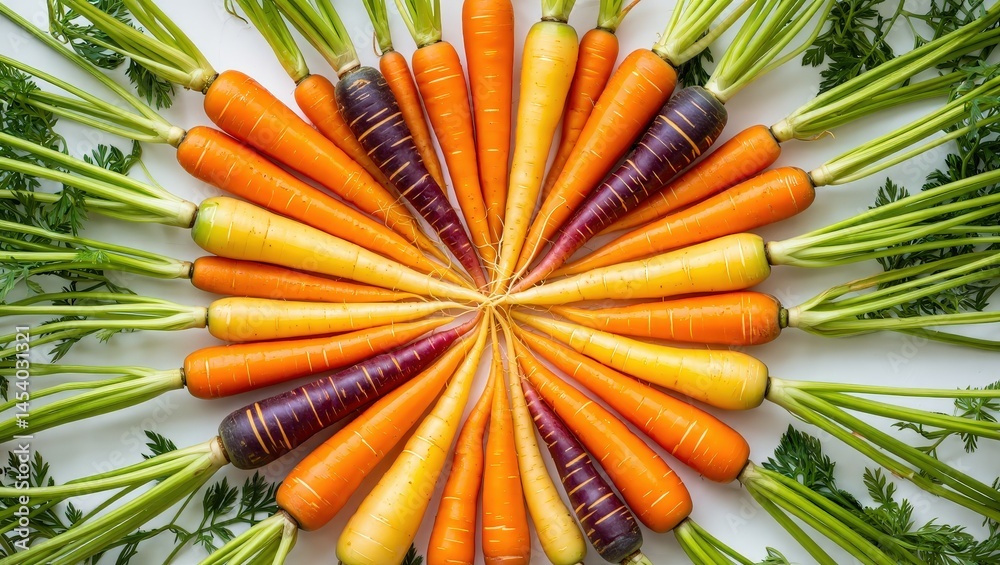 Poster a bunch of carrots in various colors arranged in a circle on a white background.