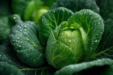 Fototapeta premium Fresh Green Cabbage Head Close-up with Water Droplets on Outer Leaves, Showing Detail and Texture in a Garden Setting