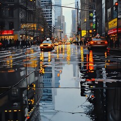Rainy city street scene at night, featuring yellow cabs and reflections in wet pavement. Bright city lights illuminate the urban landscape, creating a vibrant, yet reflective atmosphere. The image is