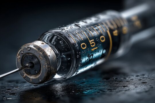 Close-up view of an old glass syringe with metallic parts, numeric markings, and water droplets against a dark background.