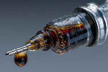 Macro view injection syringe with dark amber liquid droplet at needle tip, surrounded by clear, shiny water bubbles.
